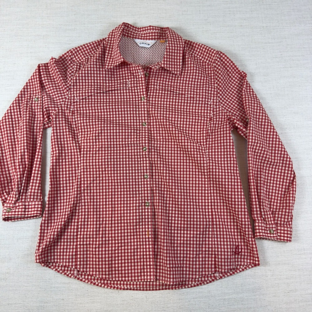 Orvis Womens Red Gingham Plaid Roll Tab Sleeve Performance Shirt Large